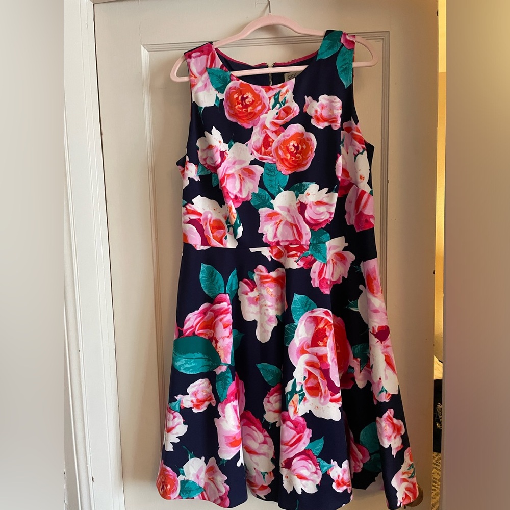 Special Occasion Summer Dress - Rich Navy with pink floral pattern, gold zipper